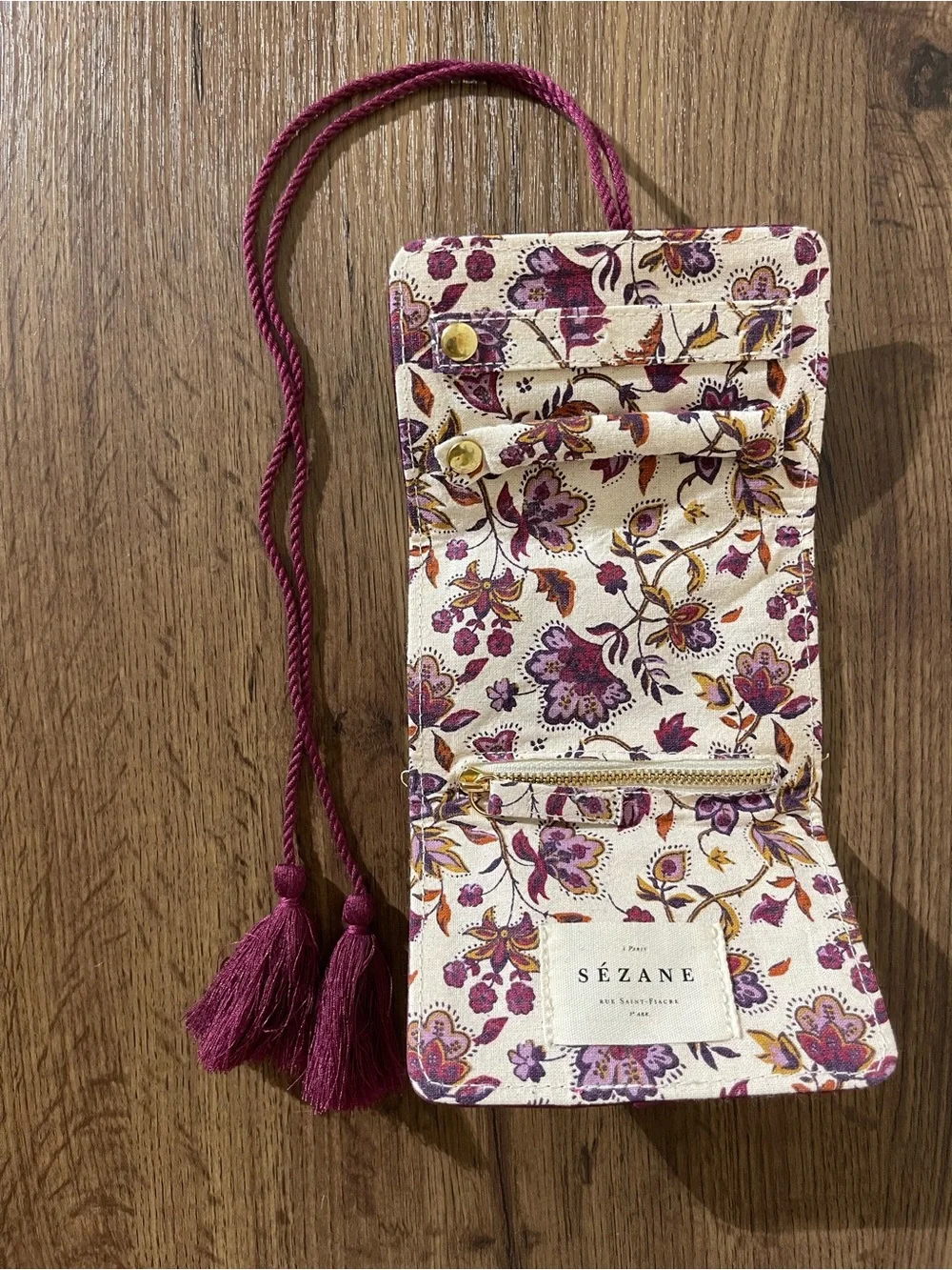 Sézane Cream Floral Crossbody Pouch with Plum Tassel Strap